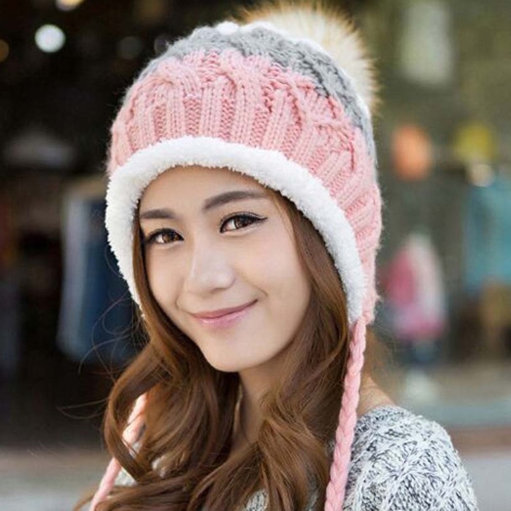 Gray, Pink & White Fleece Lined Beanie with Pom Poms - Picture 4 of 15